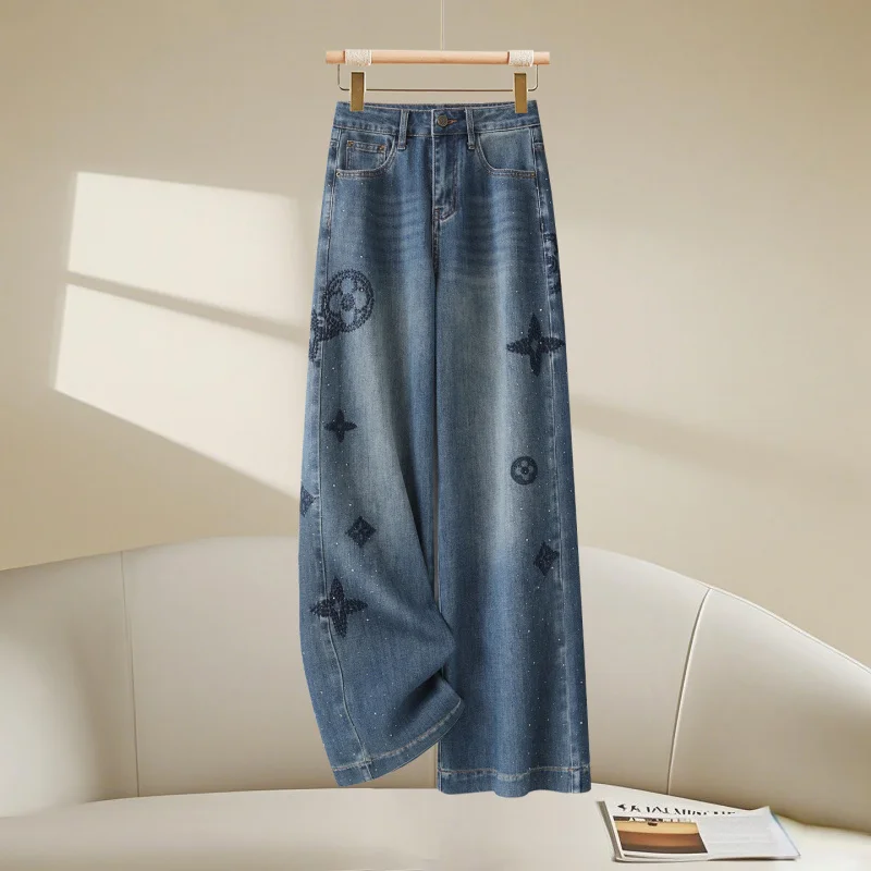 Jeans a gamba larga con strass ricamati Autunno Inverno Nuovi pantaloni dritti effetto consumato lavati a vita alta