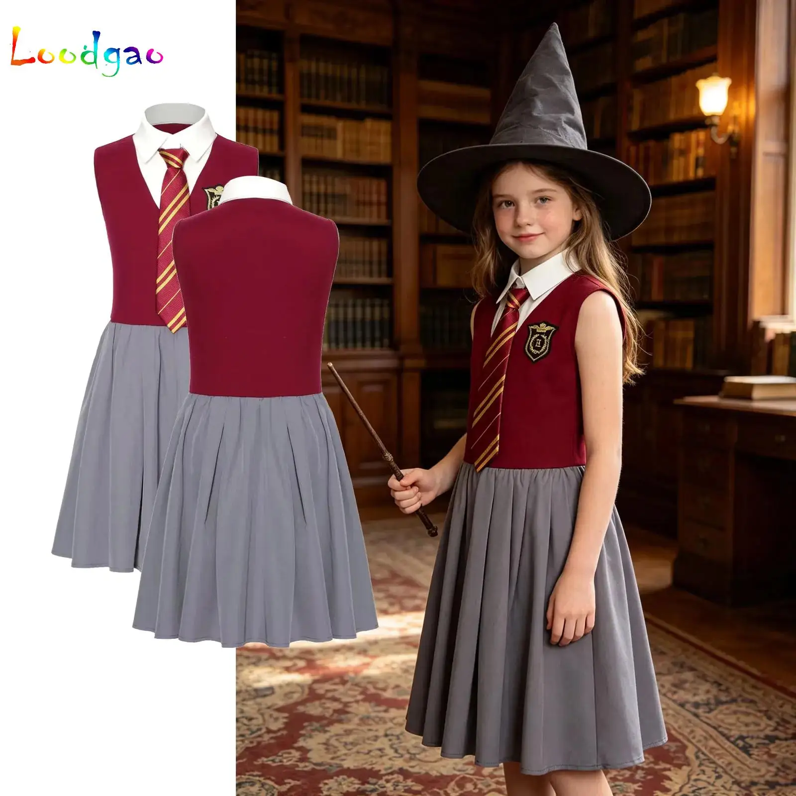 Girls School Uniform Dress Fake Vest Shirt Collar Ruffled Dress with Necktie Outfit for Halloween Movie Theme Party Performance