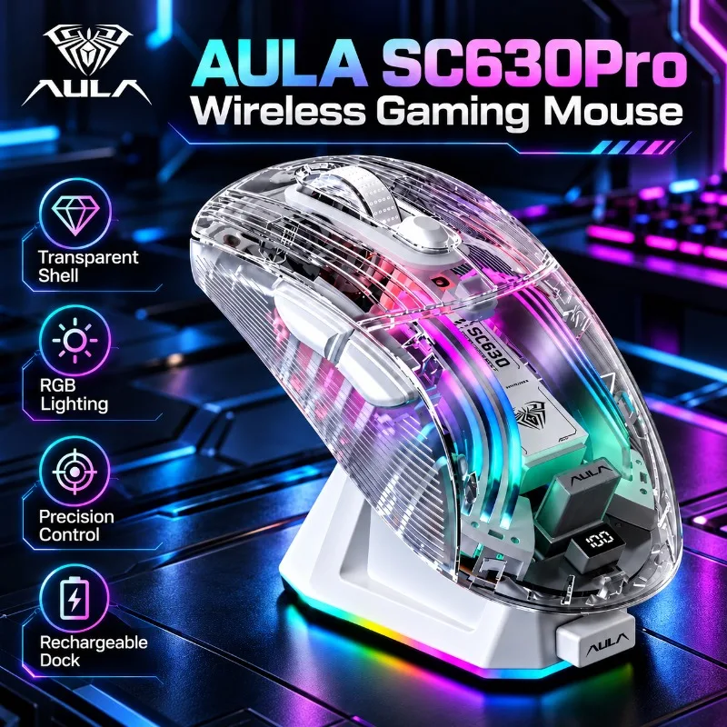 Rato de jogos AULA SC630Pro, com carcaça transparente, iluminação RGB, sem fios, recarregável e com base de carregamento com visor, ideal para jogador