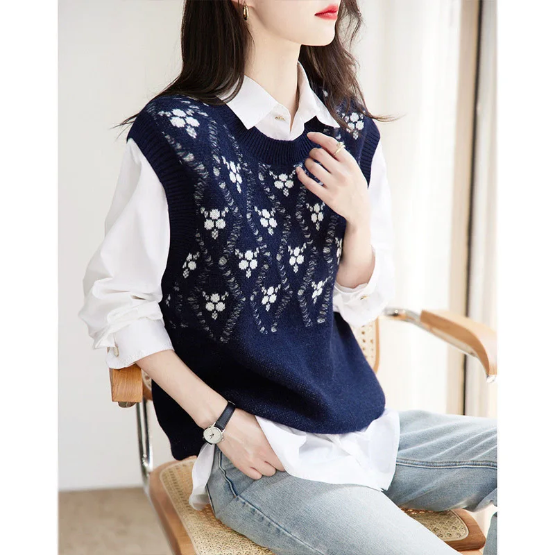 

Loose Casual round Ne Knitted Sweater Vest Diamond Pattern Svel Overhead Vintage Sli All-Match oulder Pad