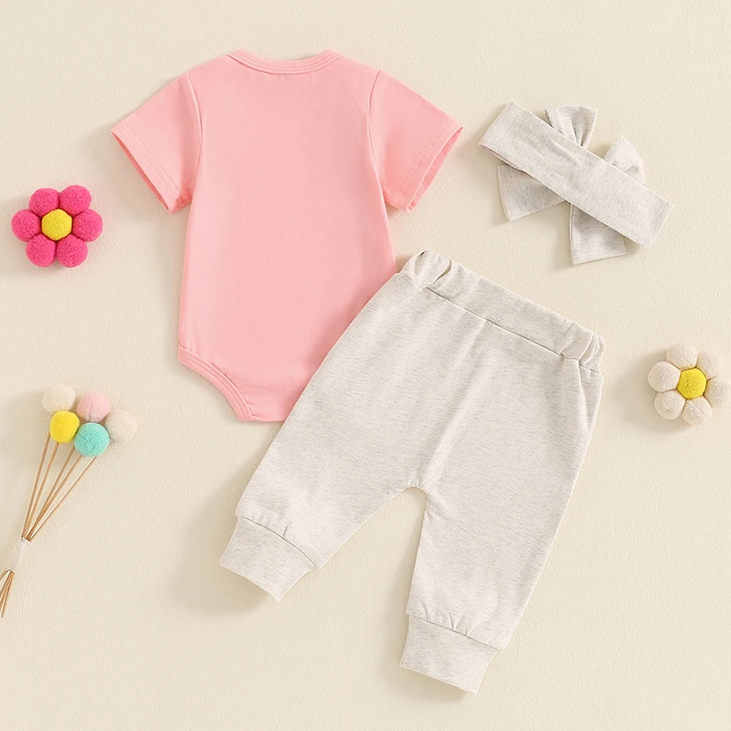 Baby Girl Little Sister Newborn Outfit Letter Embroidered Romper Bodysuit Jogger Pants Headband 3Pcs Summer Clothes