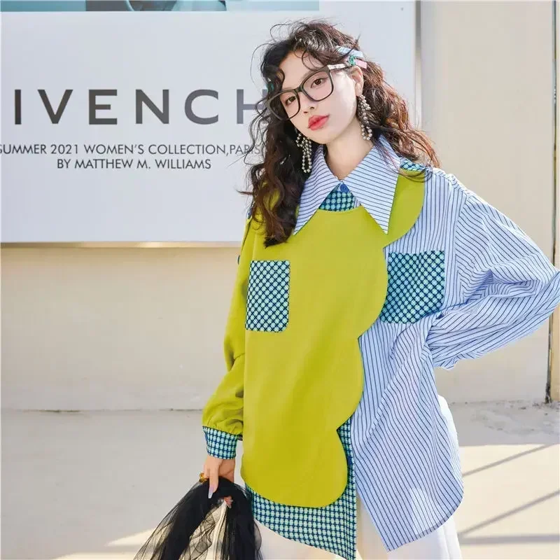 Blouse Women Office Lady Autumn Spring Fashion New Full Patchwork Designer Luxury Irregular Women Tops Coat