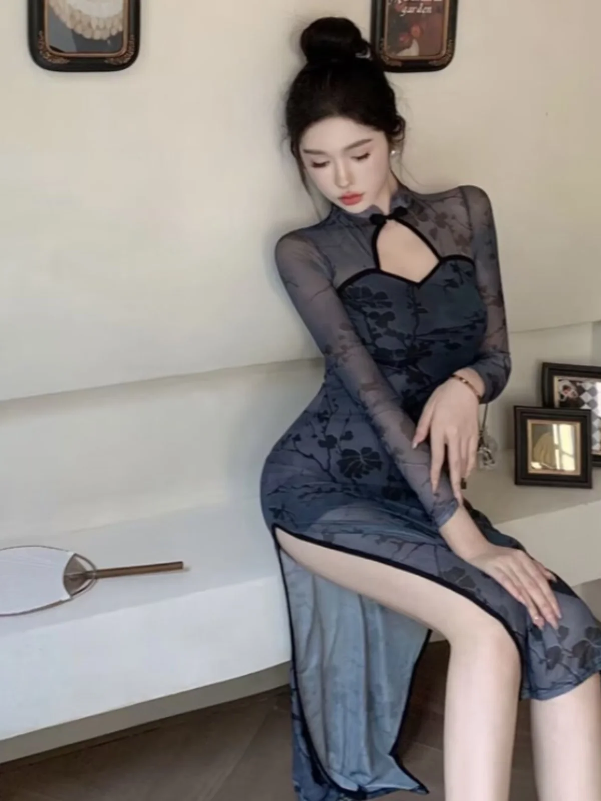 

Ретро-китайское платье для танцев с длинными рукавами, сетчатое, женское, сексуальное, с высоким разрезом, миди, с цветочным принтом