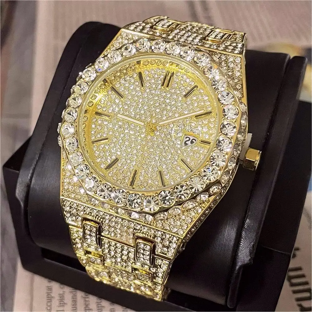 Luxury Fashion Iced Watch Men Automatic Date Stainless Steel Quartz Clock Hip Hop Full Diamond Bling Jewelry Wristwatch Man 2023