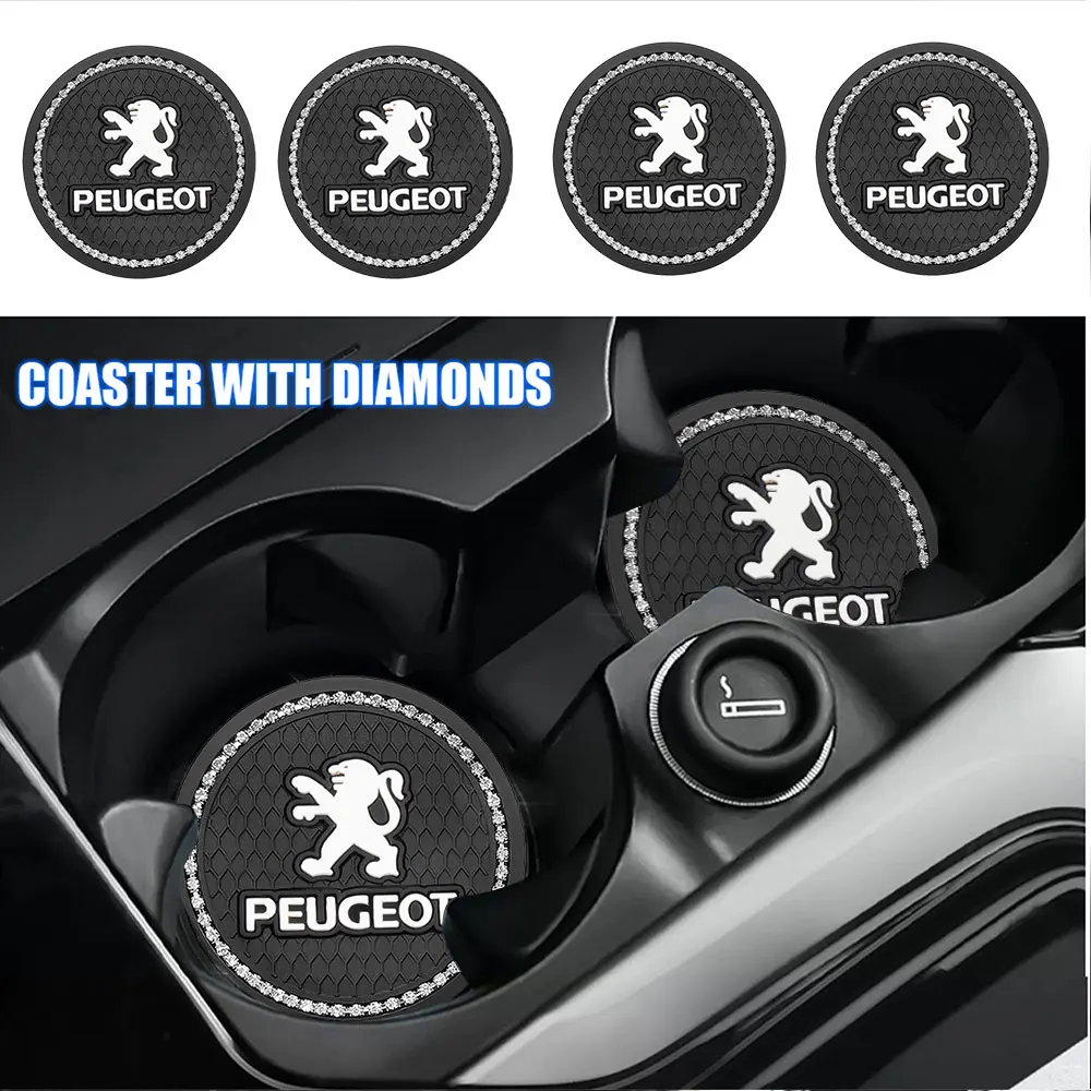 

Car Badge Coaster Water Cup Non-slip Pad Diamond Rhinestone Rubber Mat For Peugeot 107 2008 3008 208 206 207 508 307 308 valve