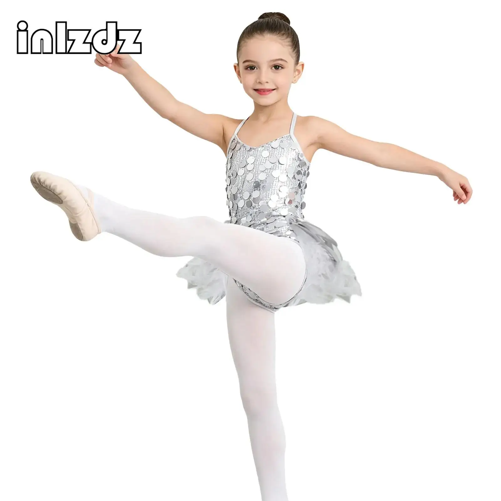 

Kids Girls Sparkly Sequins Bodice Feather Tulle Skirted Leotard Jazz Dance Performance Costume Glittery Sequin Jumpsuit Dresses