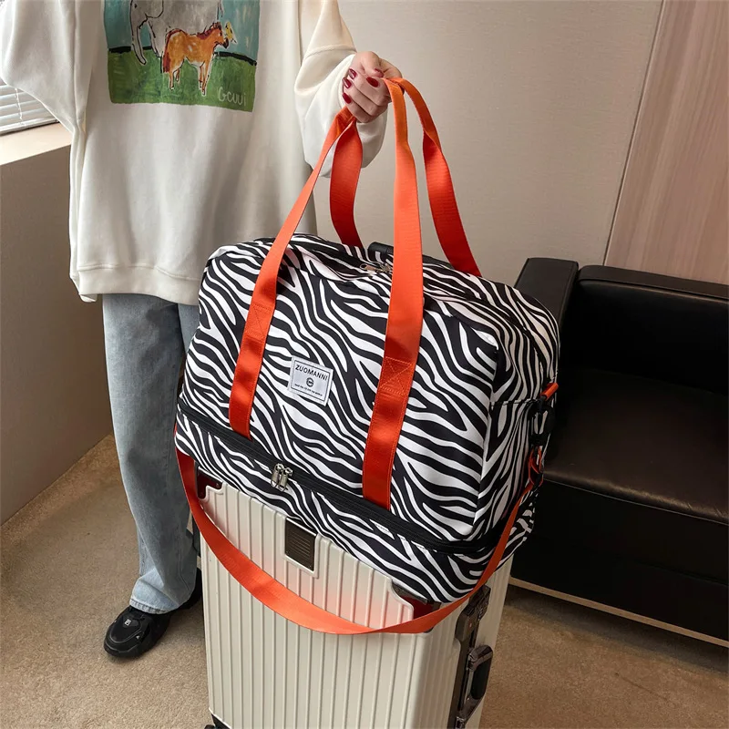 Trendy Zebra Print Waterproof Duffel Detachable Strap Shoe Pocket Gym Bag for Women Short Overnight Travel Weekend Sports Trip view 5