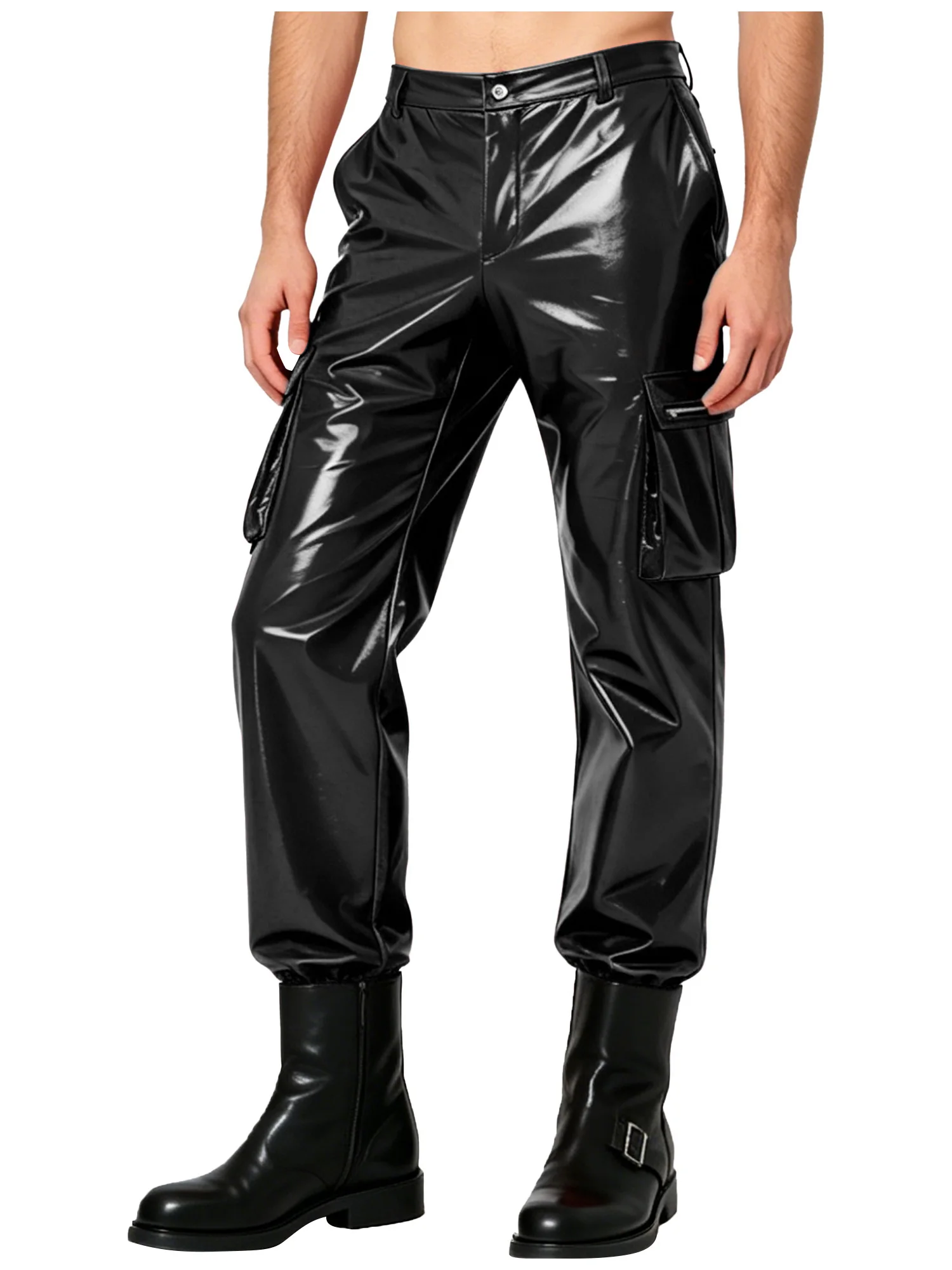 Men Glossy PU Leather Y2k Straight-leg Punk Cargo Pants Western Cowboy Trousers for Club Disco Rave Party Clubwear Streetwear
