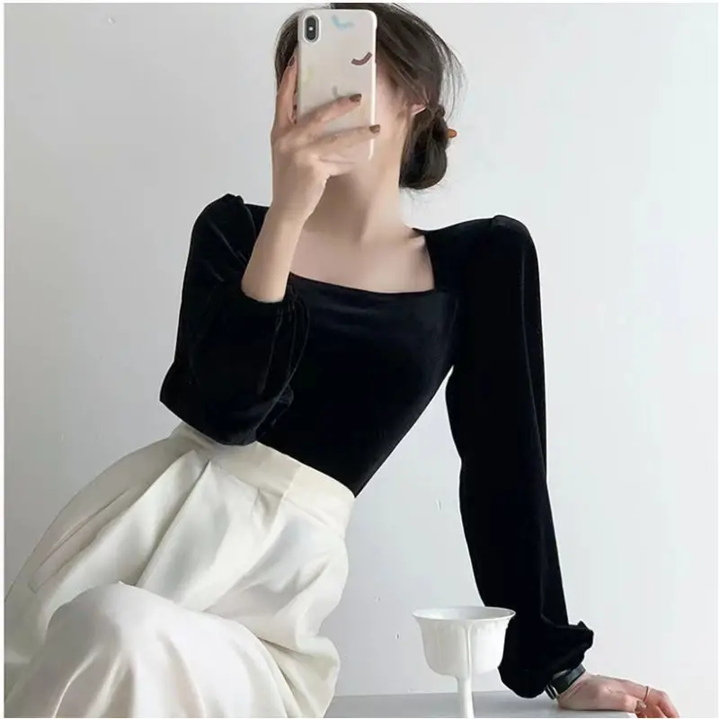 Black Velvet Blouses Women Solid Minimalist Slim Elegant Sexy for Ladies Blusas Ropa Mujer Square Collar Long Sleeve Autumn Tops