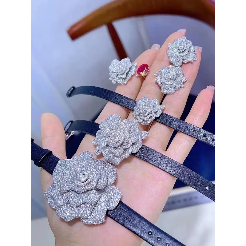 Ruihe Top Sale Rose Flower Shape S925 Silver Simulated Diamond Zirconia White Elegant Earrings Ring Wrist Strap Set for Women