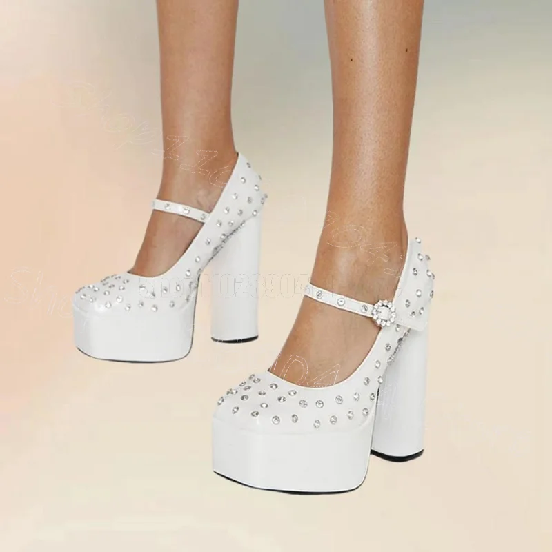 

Crystal Decor White Square Toe Platform Pumps Buckle Strap Women Shoes Chunky High Heels Fashion Party 2026 Zapatos Para Mujere