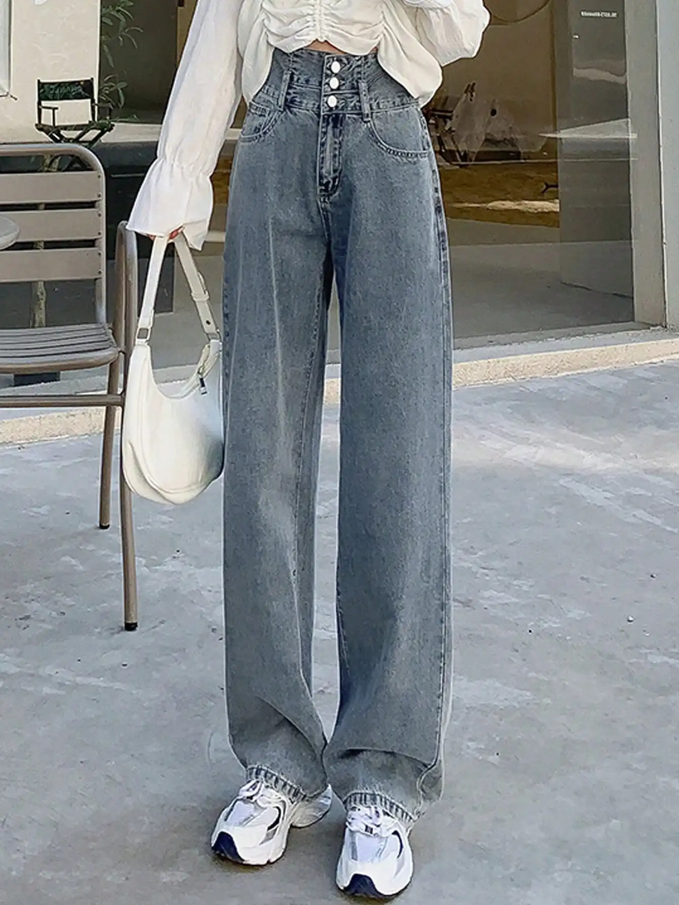 Coreano chique 2025 início do outono duas cores moda marca de couro duplo botão reto casual jeans de cintura alta para mulher