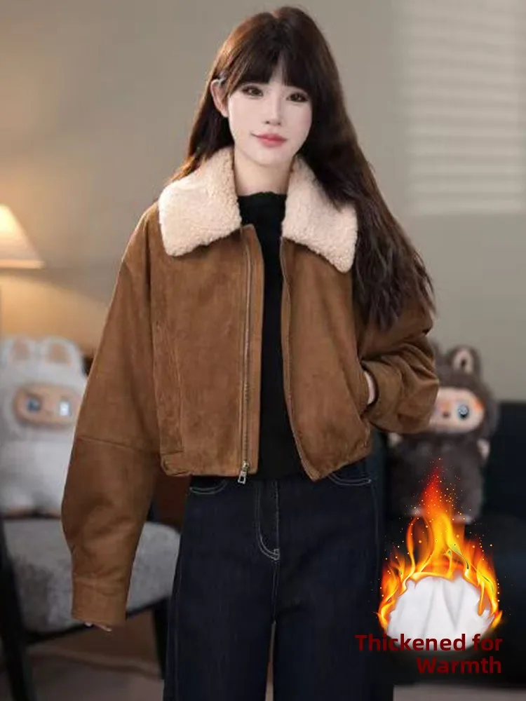 

Sli Thiened Autumn Winter Jaet for Women Ele Unique Warm Simple Sle Zipper Splice Long Sve Coat Ladies Faion