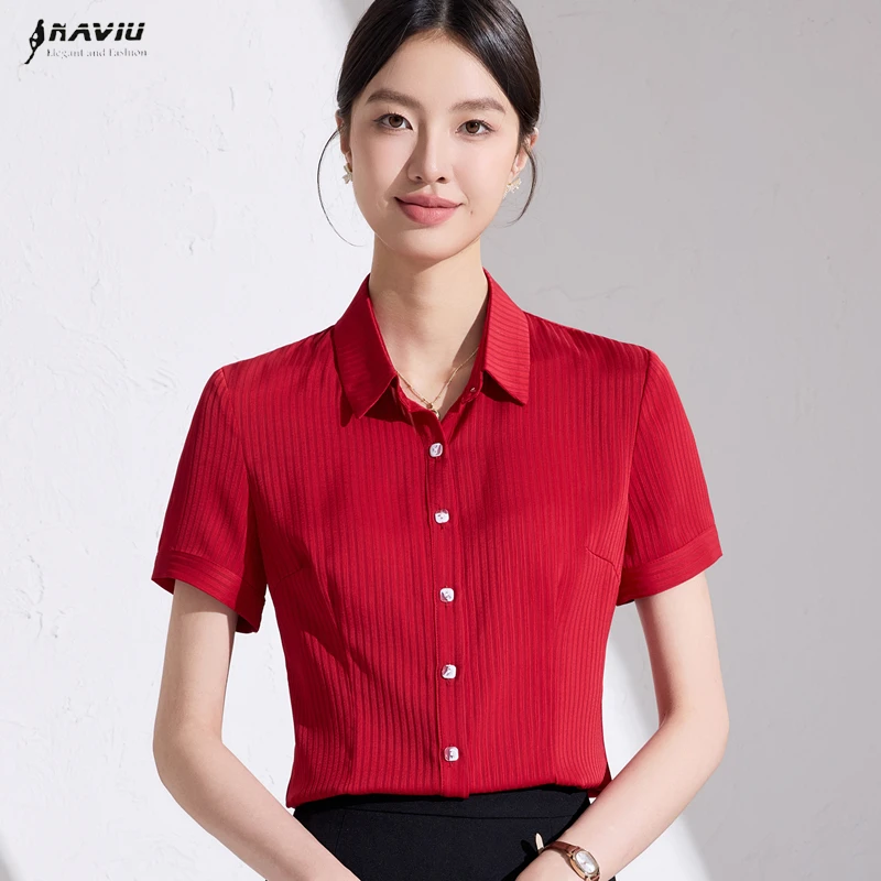 

NAVIU Fashion Short Sleeve Women Chiffon Shirt Korean Style Slim Formal Temperament Blouses Office Ladies New Arrival Work Tops