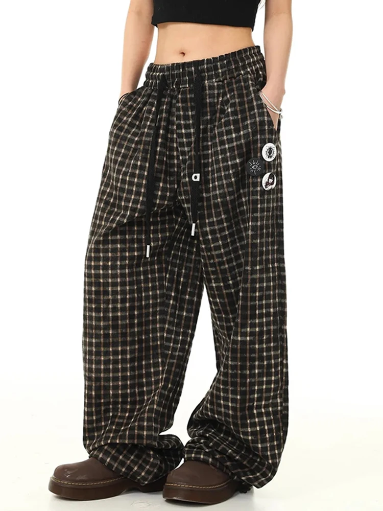 

Jmprs Vintage Y2K Plaid Pant Women High Waist Harajuku Wide Leg Trousers Retro American Streetwear Bf Lace Up Oversize Pants