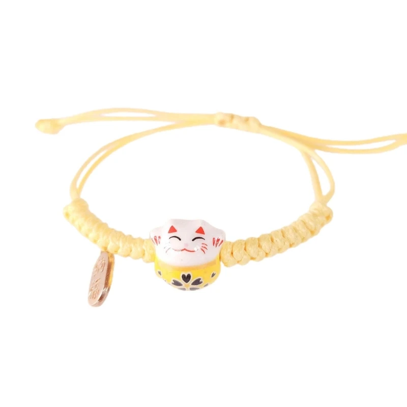 652F Hand-woven Simple Cute Ceramic Lucky Cat Bracelet Alternative Colors Rope Bangle Braid Ceramic Cat Pendant Hand Rings