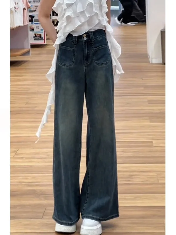 

Retro Straight Leg Jeans Women's Autumn Winter plus Size Loose Slimming Wide Leg Pants for Pear Shaped Body High Waist Denim