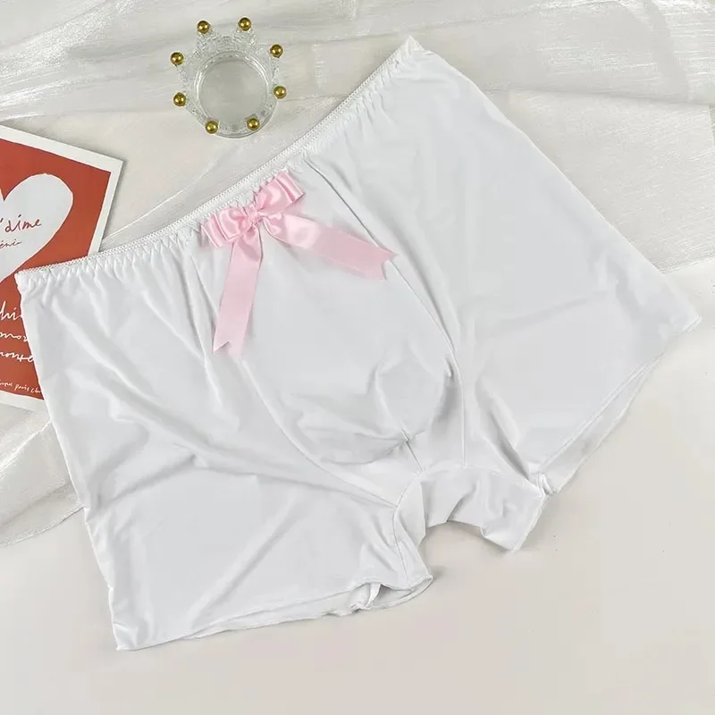 Slip boxer da uomo in seta di ghiaccio morbido con papillon rosa Sissy Mutandine a vita bassa Spettacolo dal vivo Costumi sexy da ballo Costumi sexy per feste BF