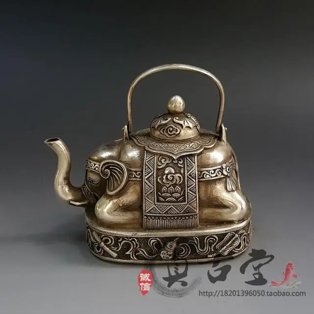 

Special Price Antique Brass Plated Silver Elephant Pot Ornament, Auspicious Eight Treasures Water Pot, Tea Pot Decoration Gift,