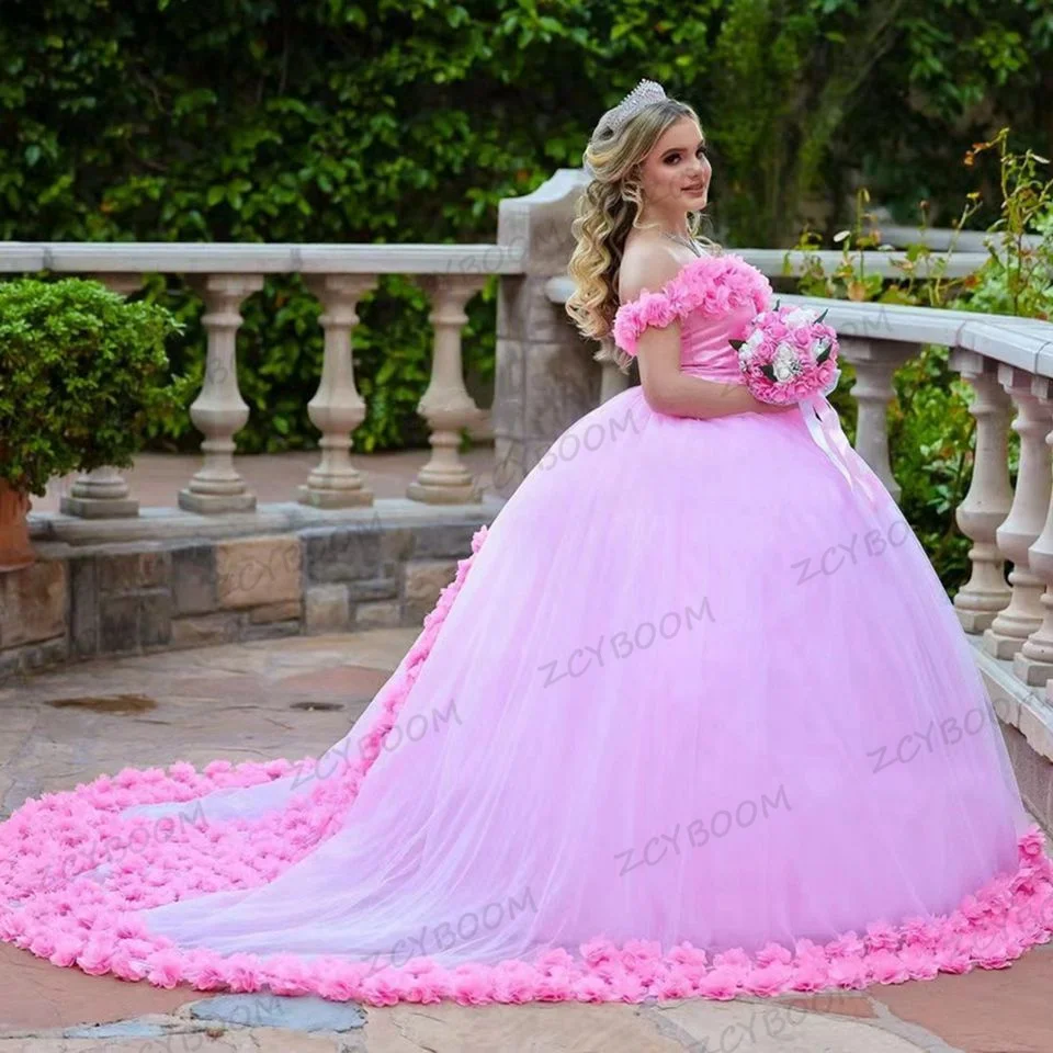 Изысканное розовое платье принцессы с открытыми плечами Quinceanera 2023, милое бальное платье Sweet 16, с 3D цветочной аппликацией, Vestidos De 15 Años