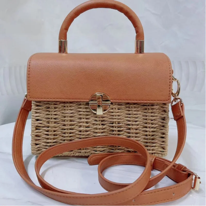 

New Twist Lock Small Square Bag Shoulder Crossbody Portable Handmade Straw Bag Classic Style Stitching Flip Box Bag