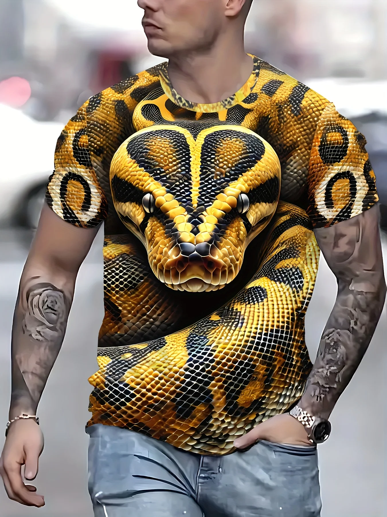 

Новая мужская футболка Golden Python с 3D принтом, футболка с коротким рукавом и круглым вырезом, одежда для отдыха, забавная футболка со змеиным 3D принтом, удобная