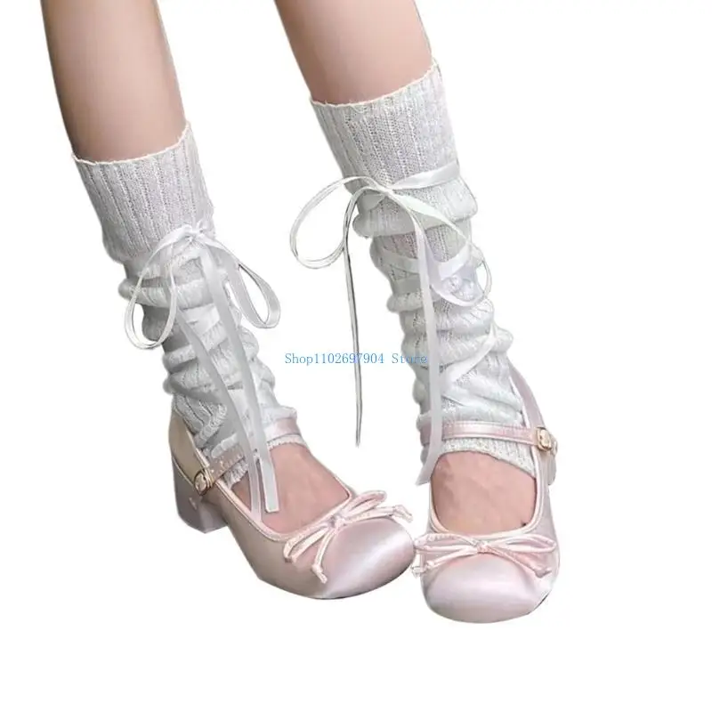 

N7YF Sweet Girls Leg Warmers Women Autumn Winter Ribbed Knit Foot Cover Bandage Bowknot Boot Cuffs Footless Long Socks