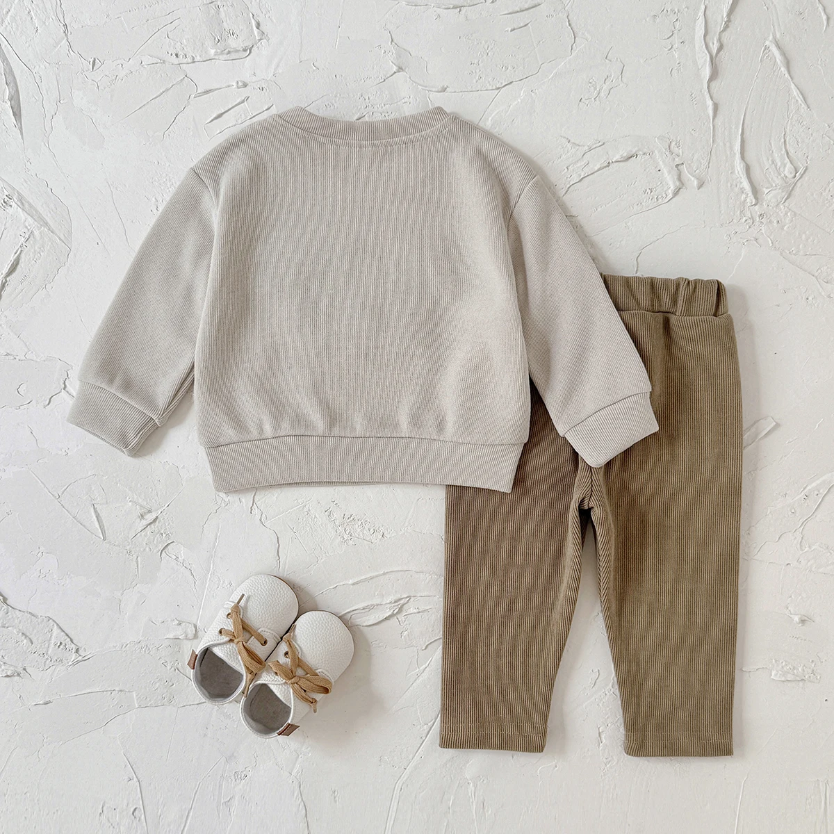 Spring Autumn Infant Boys Fashion Towel Letter 2PCS Suit, Textured Rib Top Soft Corduroy Ankle Cuff Daily Pants