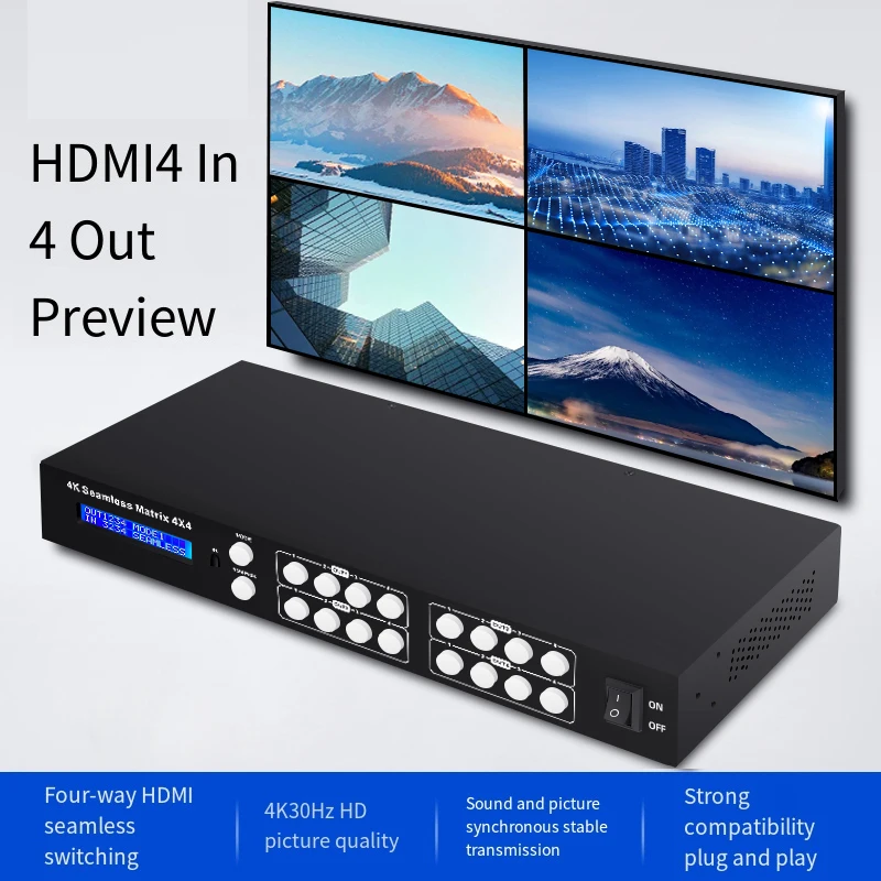 

4k HDMI Matrix 4 in 4 Out HDMI 2.1 Video Switcher Splitter + L/R Audio Output,Seamless video matrix switcher with IR Remote