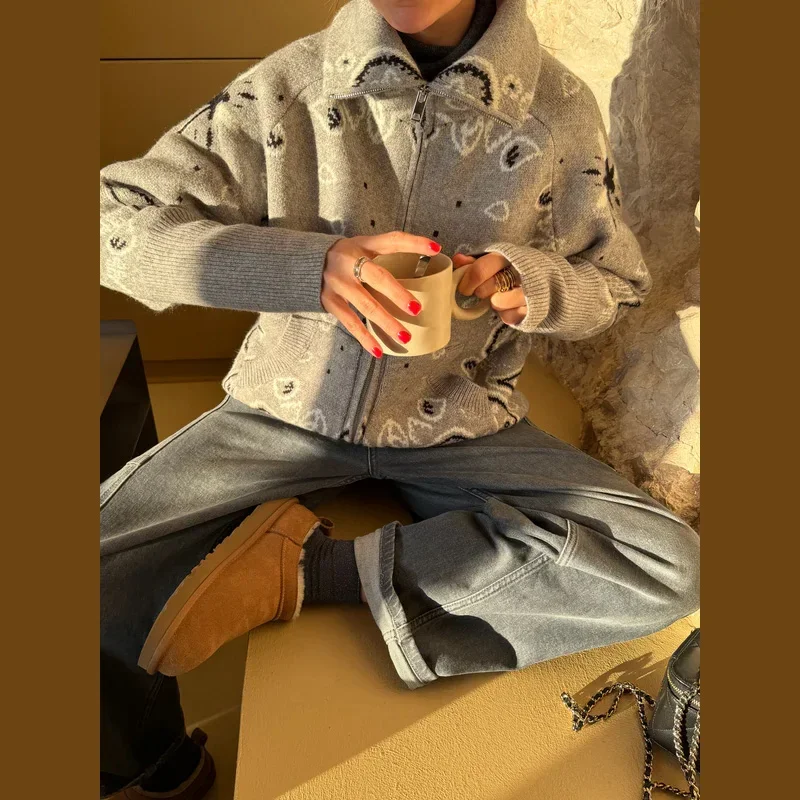 Casual Jacquard Cardigan for Women Loose Stand Collar Zipper Pockets All-match Female Sweater 2026 Spring Thick Warm Knitwear 18 Sd788b0c8da554eab823fd5fca6141294g