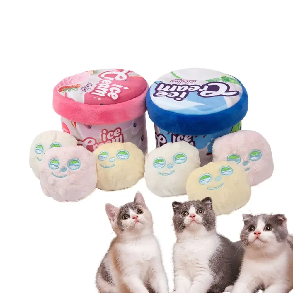 

New Ice Cream Tub Plush Cat Toy With Catnip Squeaky Food Hiding Interactive Pet Toy Set
