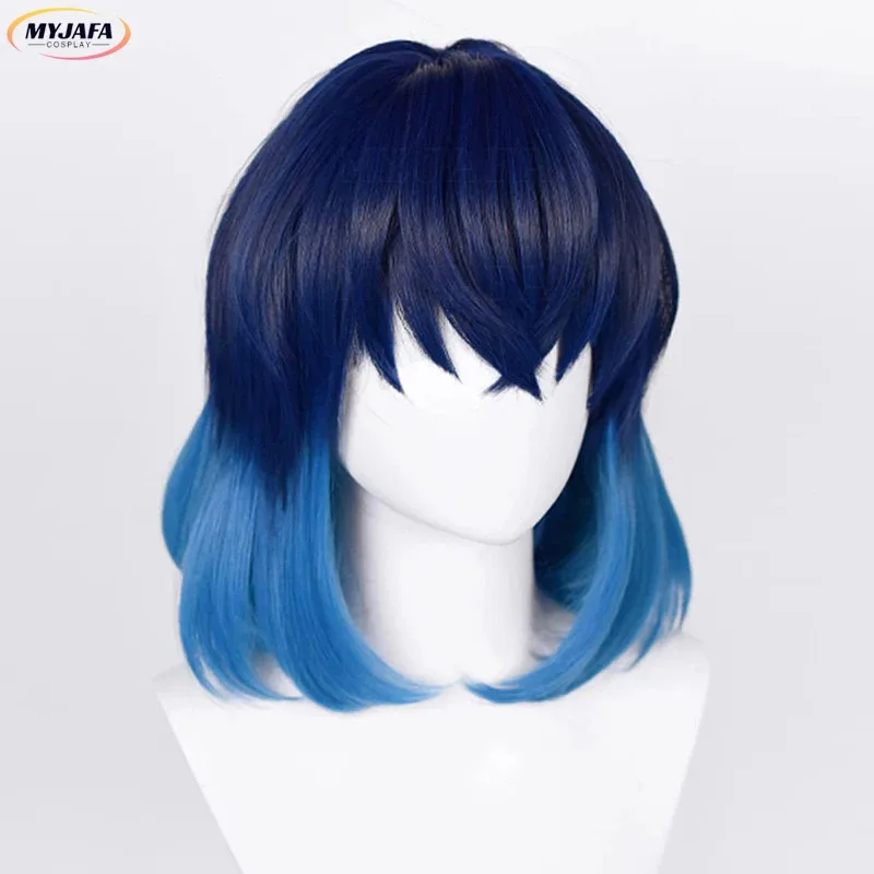 2025 alta calidad Hashibira Inosuke Cosplay azul Ombre pelo resistente al calor Anime juego de rol pelucas + gorro de peluca