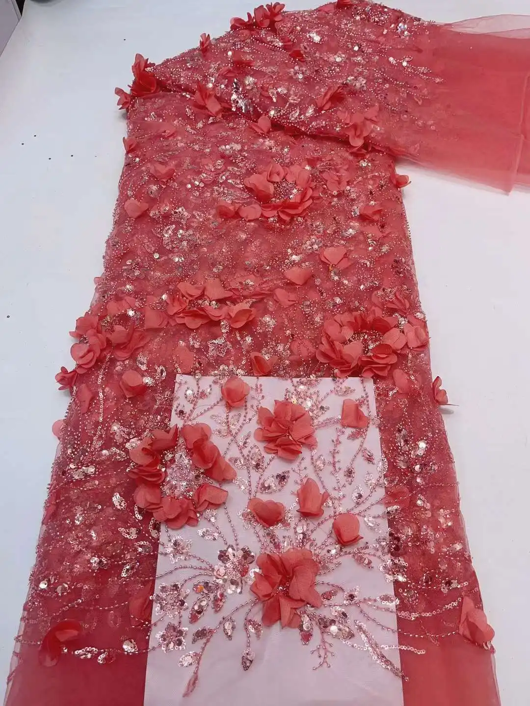 Tela de encaje africano con bordado de flores 3D, tejido de tul francés hecho a mano para vestido de novia, 5Y/piezas, alta calidad, 2023