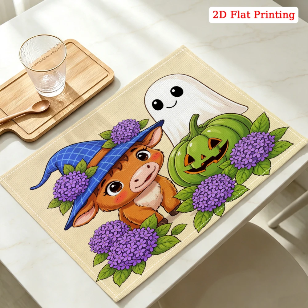 Cute Cow Witch Halloween Pumpkin Ghost Kitchen Placemat Coaster Linen Pad Dish Coffee Cup Table Mat 30x40cm Home Decor