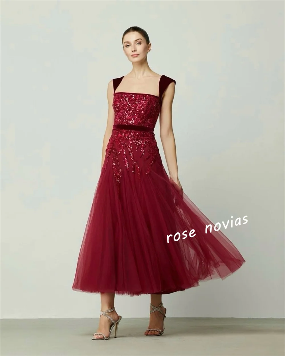 Customized Net Glitter Sequined Square Neck A-line Midi Dresses Bespoke Occasion Women's Evening Party Gown Prom Charming