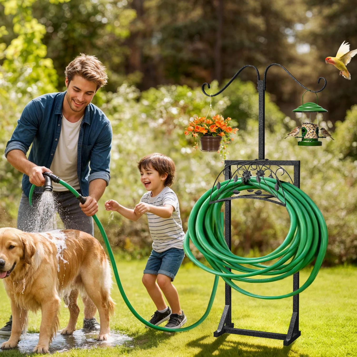 Freestanding Heavy Duty Garden Hose Holder with 4 Spikes & 2 Shepherds Hooks Water Hose Storage Stand for Yard Lawn