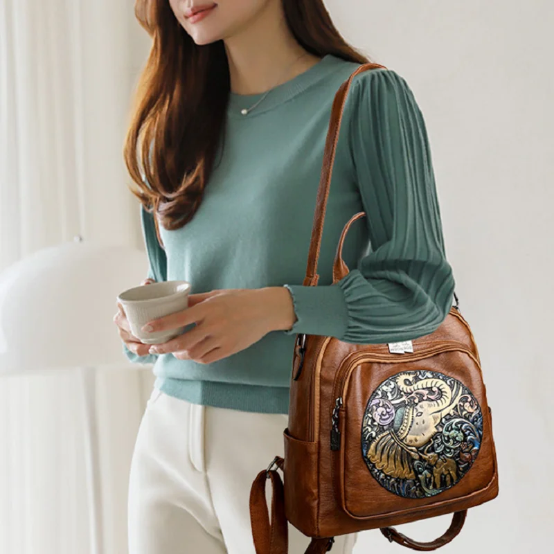 Hot Sale High Quality Soft Leather Large Capacity Travel Backpacks Women's Fashion Double Zipper Shoulder Bags School Bag