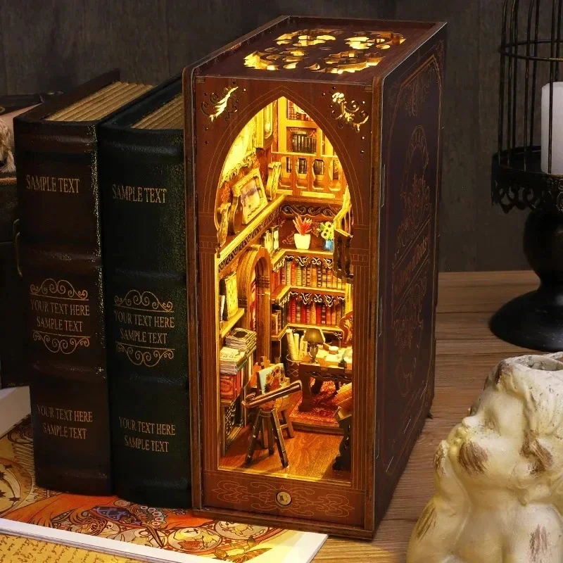 DIY Book Nook Shelf Insert Kit Vintage Library Bookend Miniature Dollhouse 3D Puzzle Assembly Model for Adults Birthday Gifts