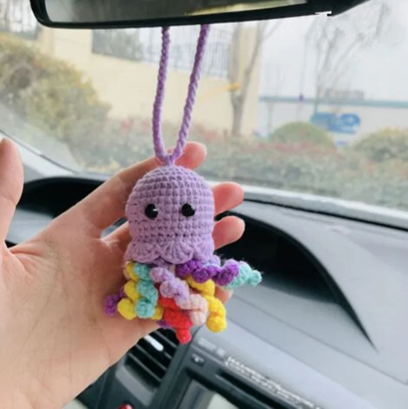 Popular Online Car Hangers Handmade Crochet Knitted Cartoon Octopus Car Rearview Mirror Cute Decoration