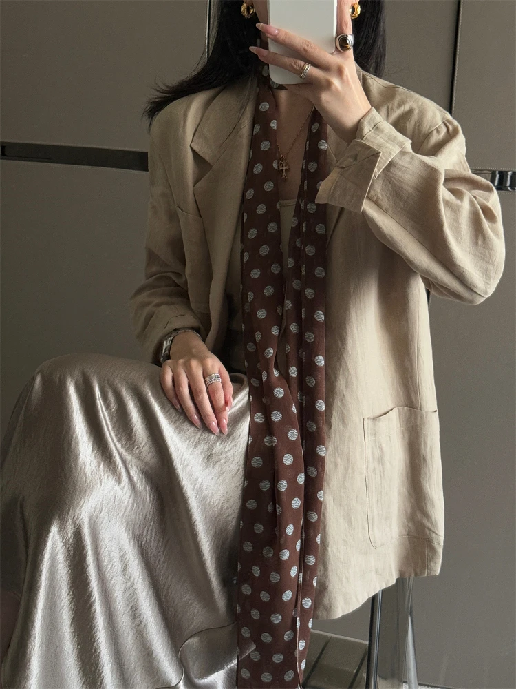 

Летний новый легкий льняной костюм: классический воротник, винтажный стиль, женская верхняя одежда, дышащий, модный