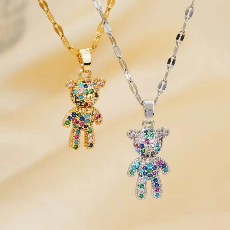 Fashionable Versatile Colorful Zircon Studded Teddy Bear Pendant Necklace Niche High End Design Perfect Couples Jewelry For Dail