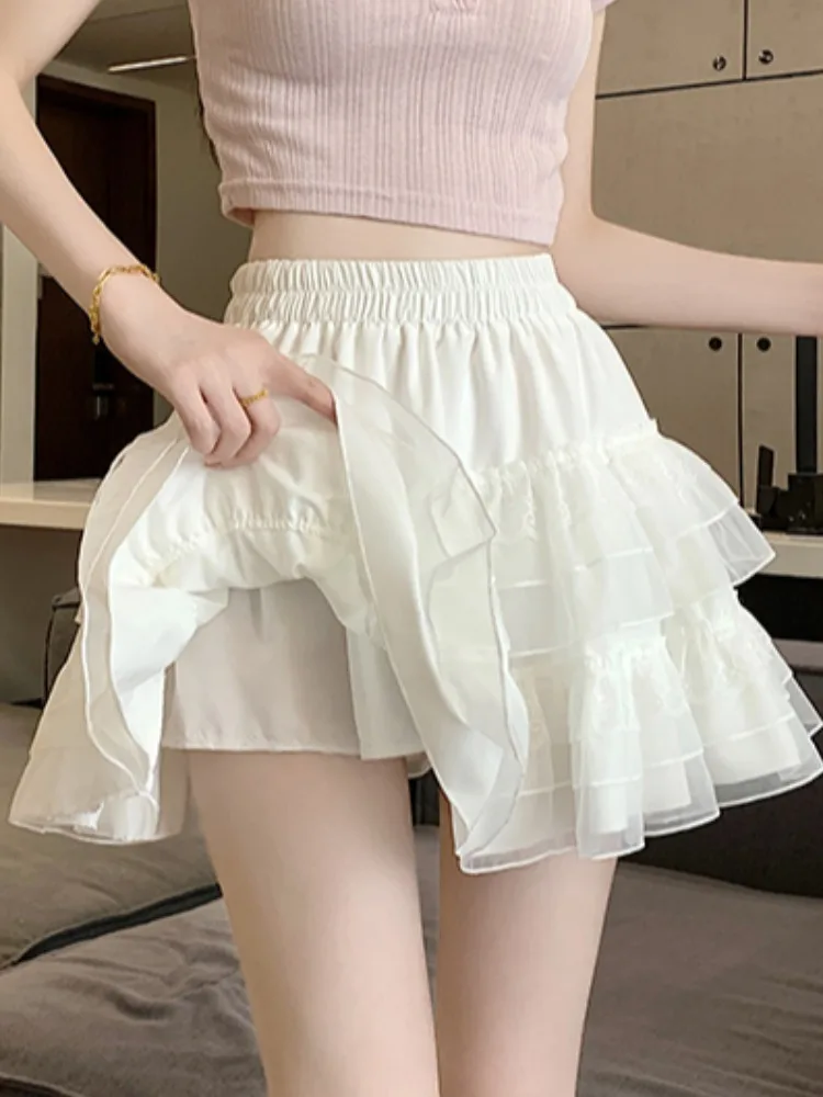 

Белая кружевная юбка-пышалка для женщин, летняя, милая, с эластичным поясом, приталенная, А-силуэт, плиссированная юбка-брюки