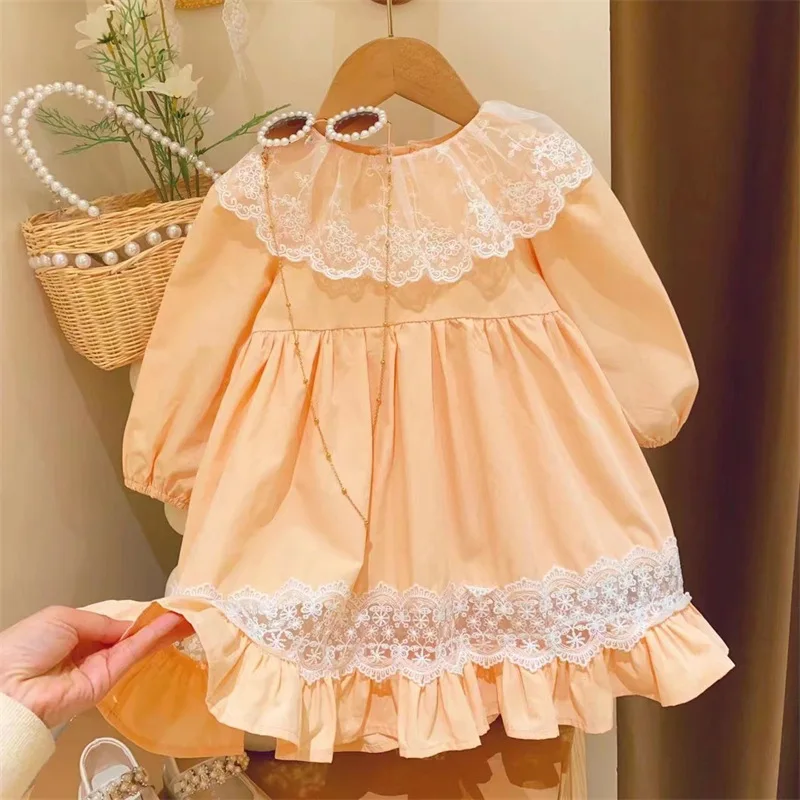 

Spring and Autumn Fashion Long Sleeve Girls' Princess Dress New Style for Toddlers and Young Girls Stylish Lace Trim Dress