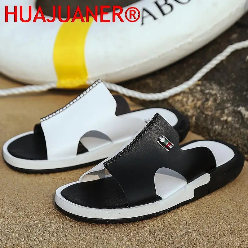 HUAJUANER Sandals Men Summer Slippers Fashion Peep Toe PU Flip Flops Shoes Male Outdoor Non-slip Flat Beach Slides Big Size