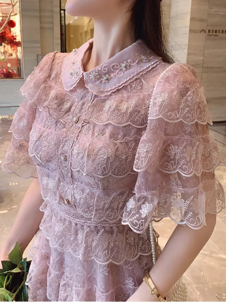 New Fashion Summer Ruffle Lace Patchwork Short Sleeve Dress Women High-Quality Beaded Lapel A-Line Embroidery Cake Dresses