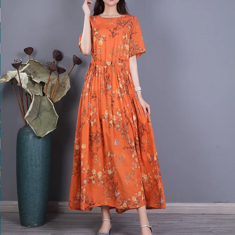 Summer New Product Large-size Women's Clothing Literary Style Round Neck Style Mid-length Drawstring Waist Dress