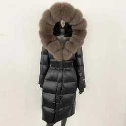 Down Coat Women Winter Thick Autumn Hat Detachable X-long Overwears Real Fox Fur Collar Hooded Fur Jacket White Duck Down Jacket