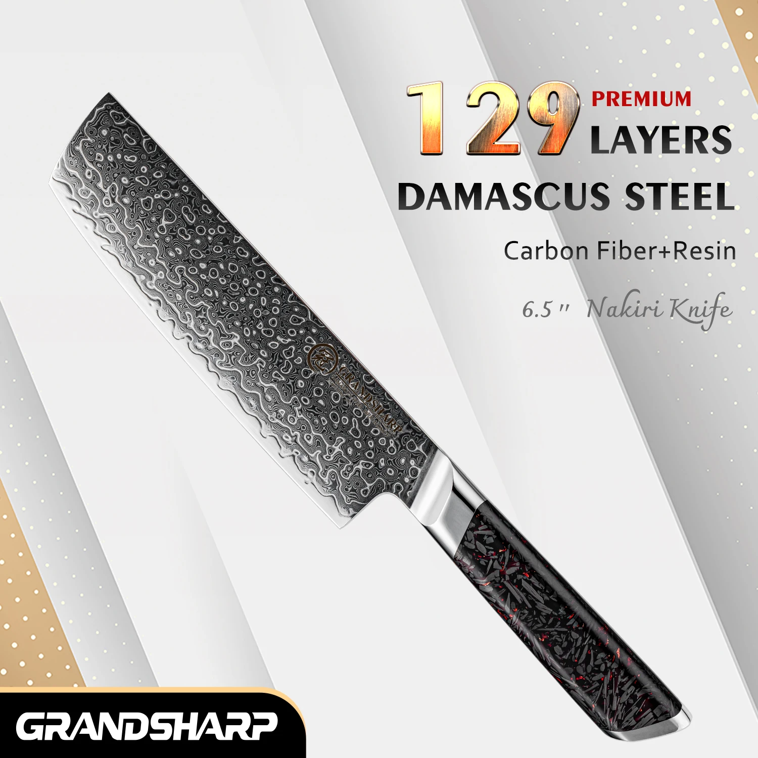 Grandsharp 7 Inch Nakiri Knife 129 Layers 10Cr15MoV Core Damascus Steel Carbon Fiber Resin Handle For Cutting Vegetables Fruits