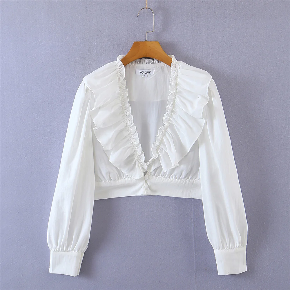 

Long sleeve V neck blouses for women fashion 2022 Summer elegant shirts korean style v neck white shirts for women ruffle top