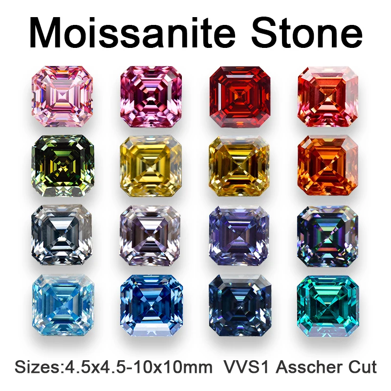 Moissanite Loose Stone Asscher Cut Multiple Colors VVS1 Pass Diamond Tester Gemstone for DIY Jewelry Making with Certificate